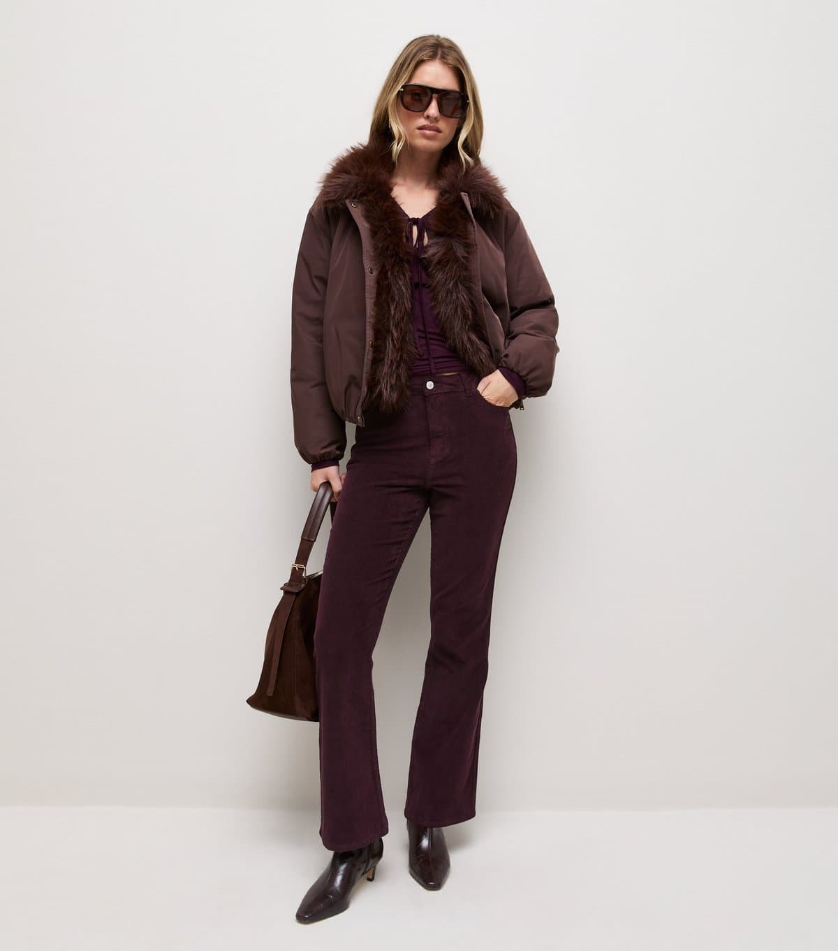 New Look Women's Dark Burgundy Cotton Corduroy Bootcut Trousers New Look