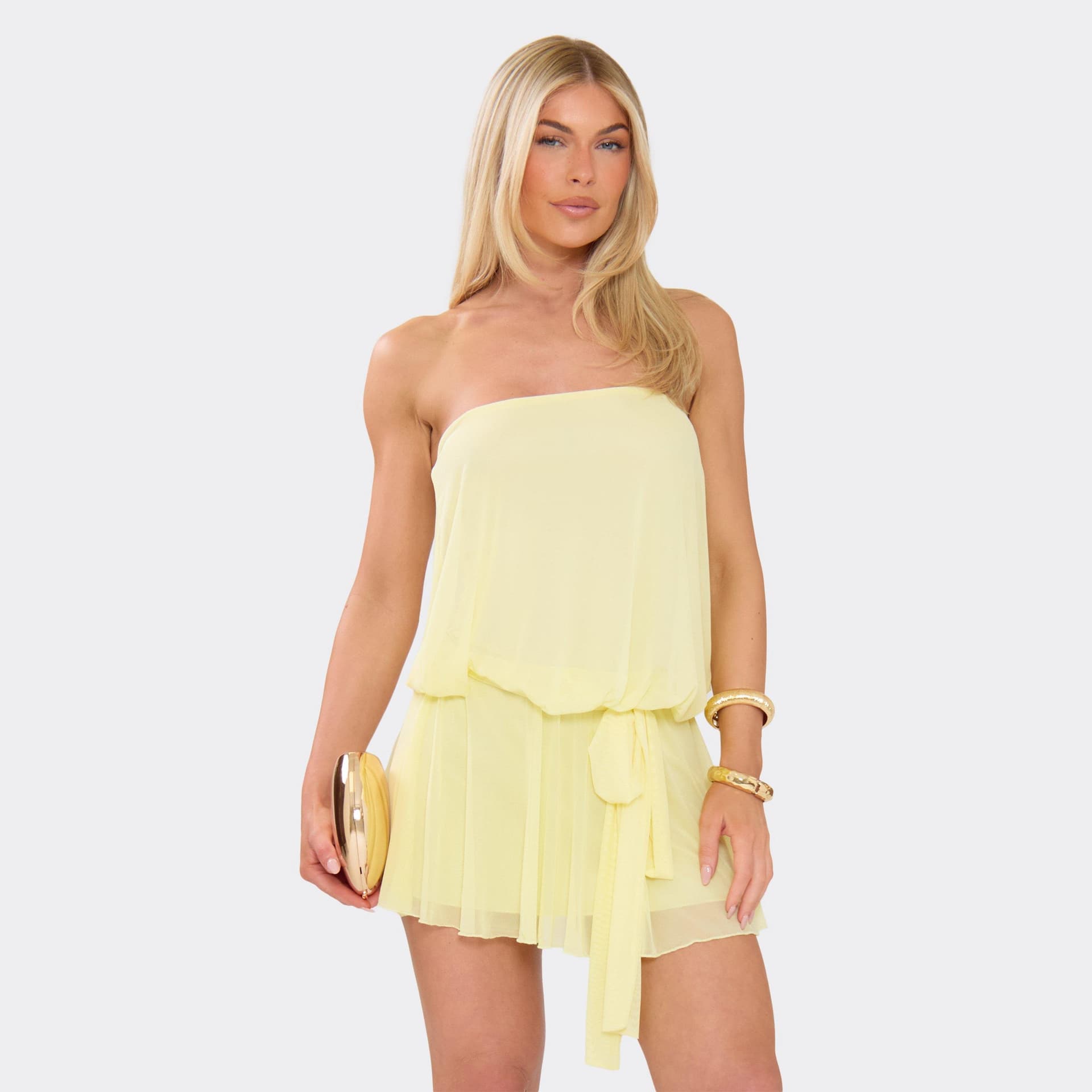EGO Bandeau Tie Waist Detail Blouson Mini Dress In Lemon, Women's Size UK 6