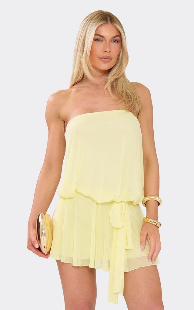 EGO Bandeau Tie Waist Detail Blouson Mini Dress In Lemon, Women's Size UK 6 - 2