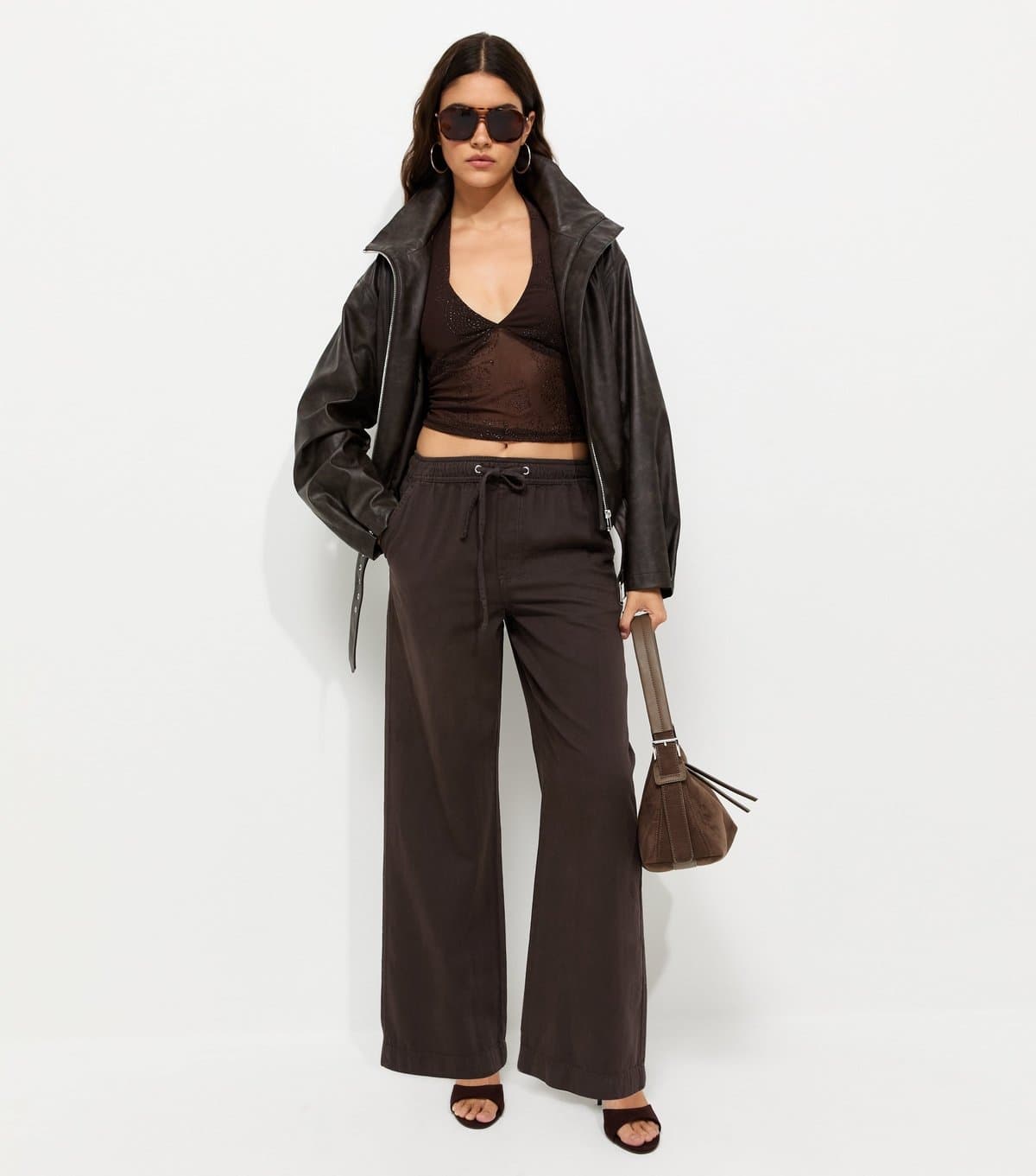 New Look Women's Dark Brown Cotton Twill Drawstring Wide Leg Trousers New Look