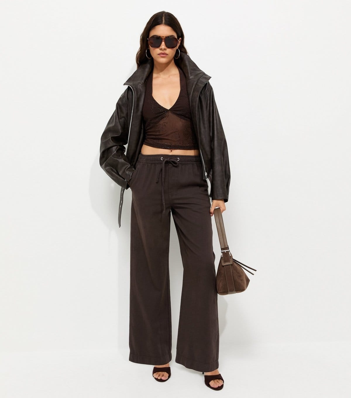 New Look Dark Brown Cotton Twill Wide Leg Trousers