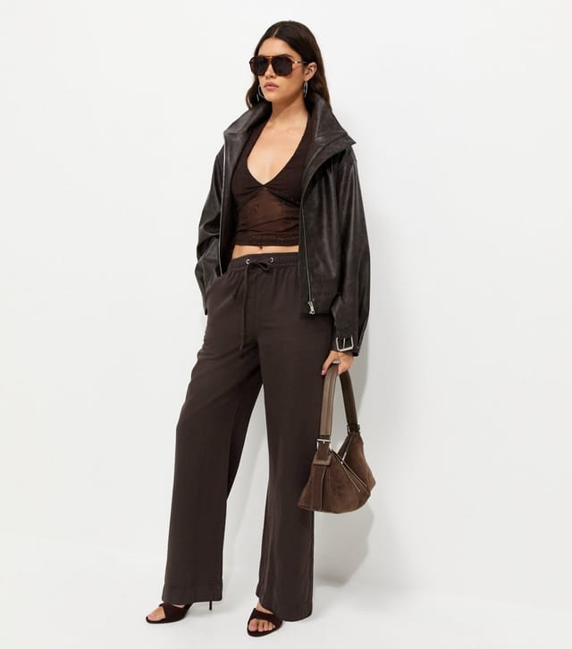 New Look Women's Dark Brown Cotton Twill Drawstring Wide Leg Trousers New Look - 3