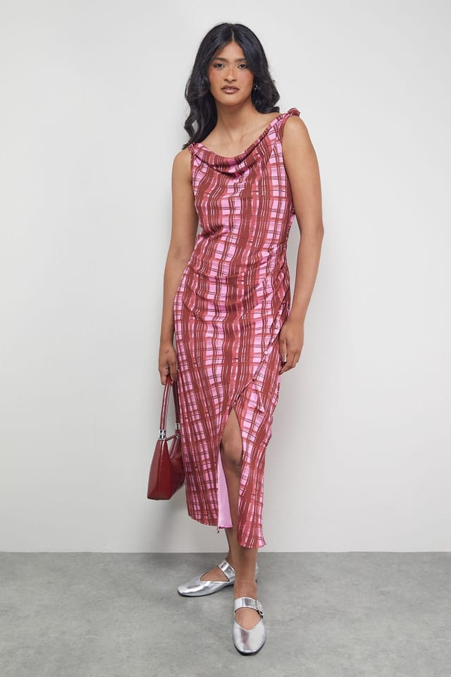 Warehouse Warehouse Women's Tony Chiffon Cowl Button Wrap Midi Slip Dress in Pink - 2