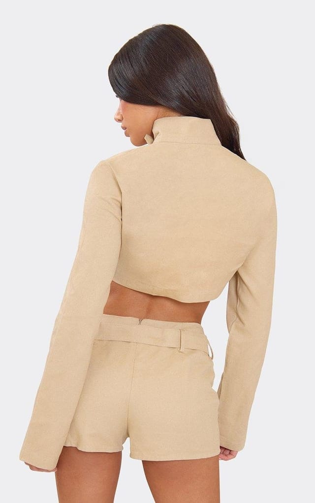 EGO Mid Rise Buckle Strap Detail Mini Shorts In Beige, Women's Size UK 6 - 2