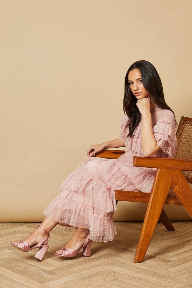 Oasis Oasis Women's Midyim Satin Ruched Front High Block Heel Sandals in Dusty Pink - 2