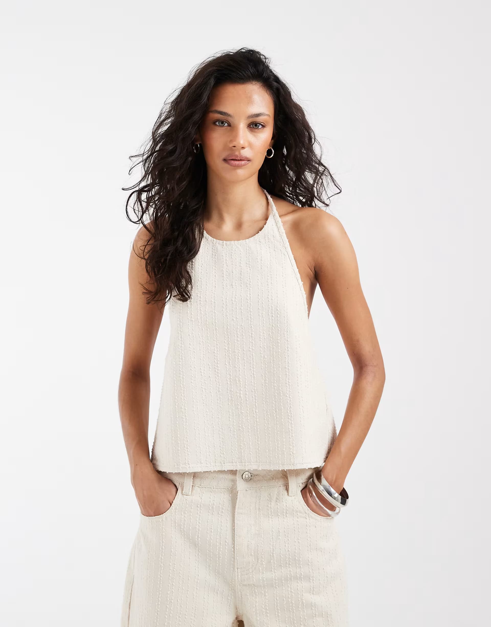 ASOS ASOS DESIGN textured denim tie back cami co ord in ecru