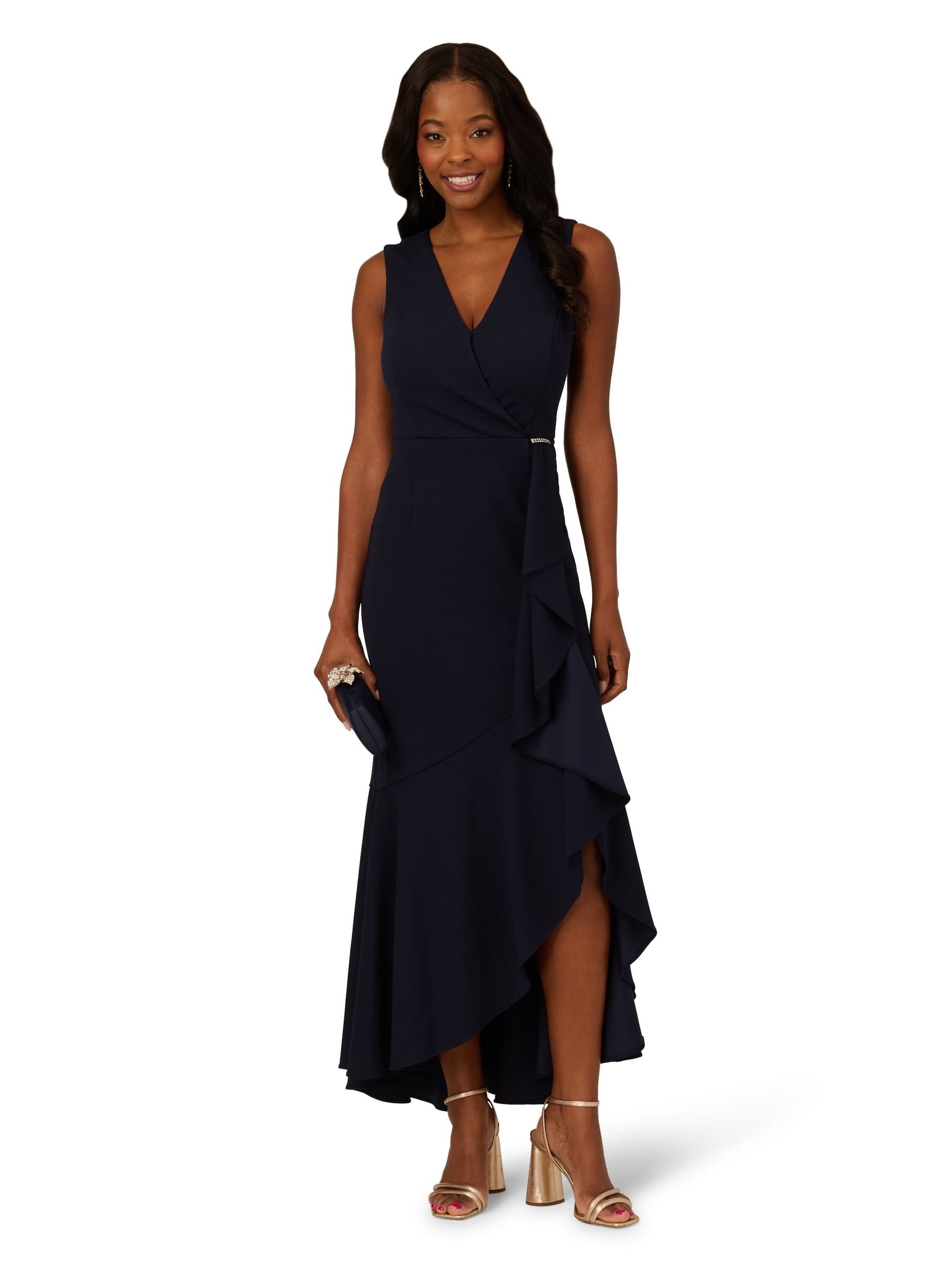 Papell Studio Papell Studio Women's Ruffle Flounce Crepe Gown in Navy