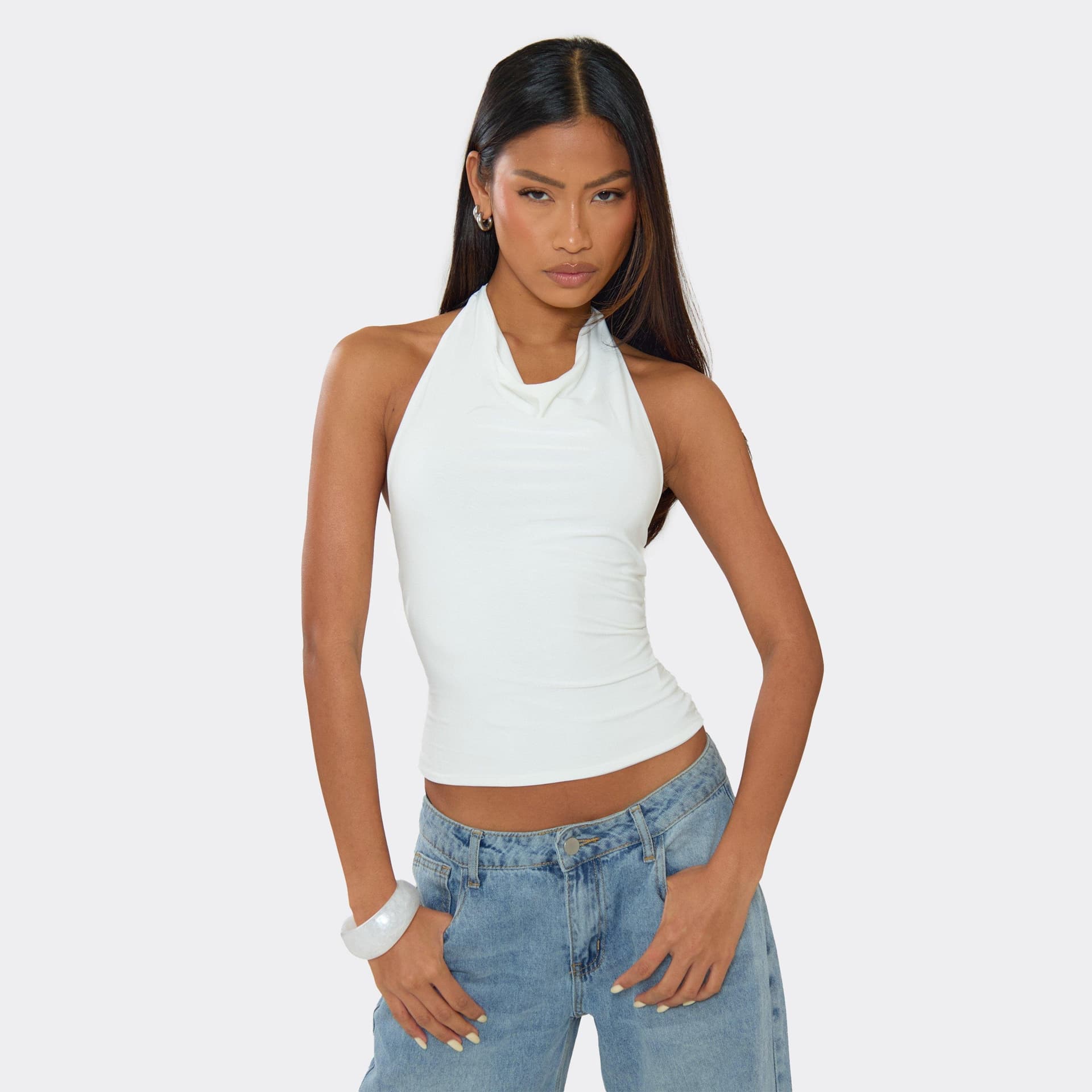 EGO EGO Cowl Neck Open Back Top In White Slinky