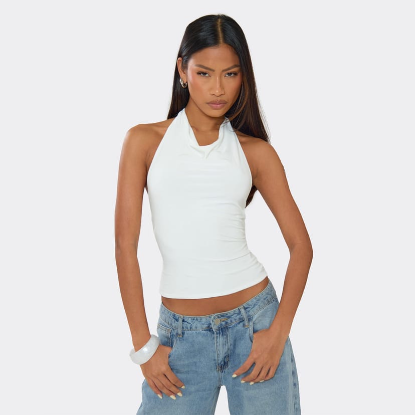 EGO Cowl Neck Open Back Top In White Slinky, Women's Size UK 6 - 1