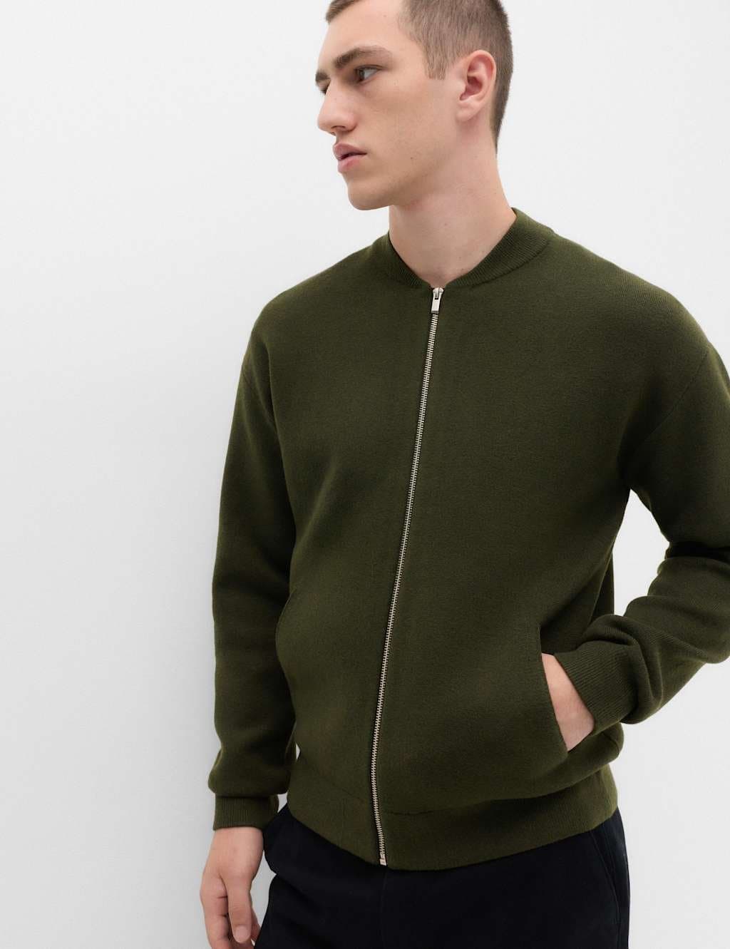 Marks & Spencer M&S Air Yarn Knitted Bomber Jacket Dark Khaki