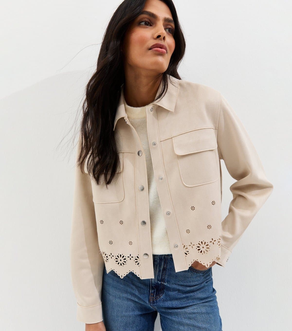 New Look Women's Stone Cutwork Faux Suede Shacket New Look