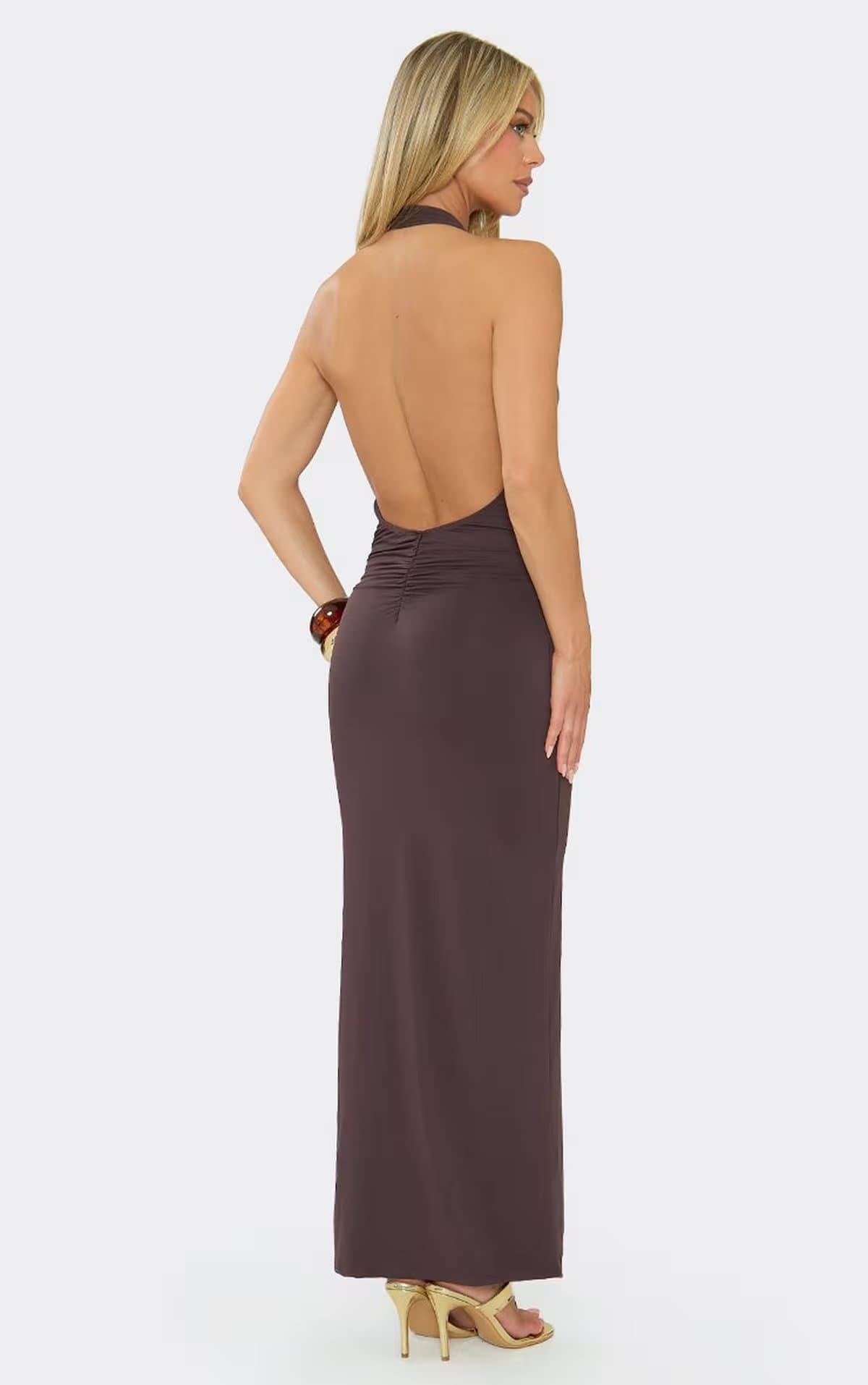 EGO Halterneck Extreme Plunge Drape Front Maxi Dress In Brown., Women's Size UK 6