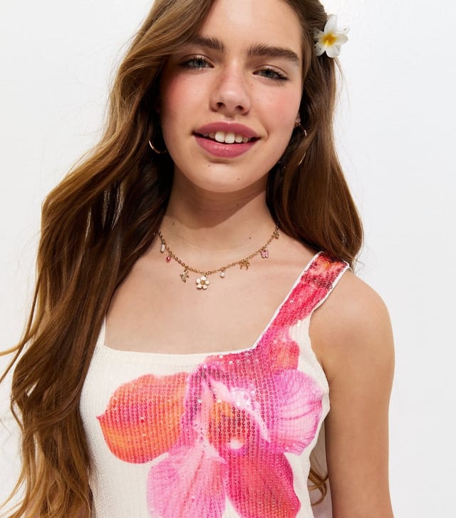New Look Girls' Pink Tropical Flower Print Sequin Mini Dress New Look - 2