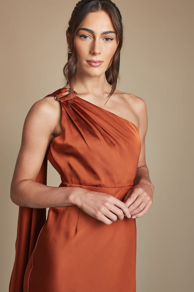 Coast Coast Women's Petite One Shoulder Satin Maxi Bridesmaid Dress With Gold Trim in Copper - 2