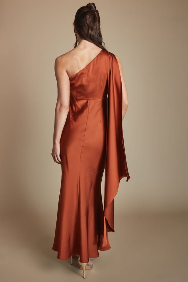 Coast Coast Women's Petite One Shoulder Satin Maxi Bridesmaid Dress With Gold Trim in Copper - 3