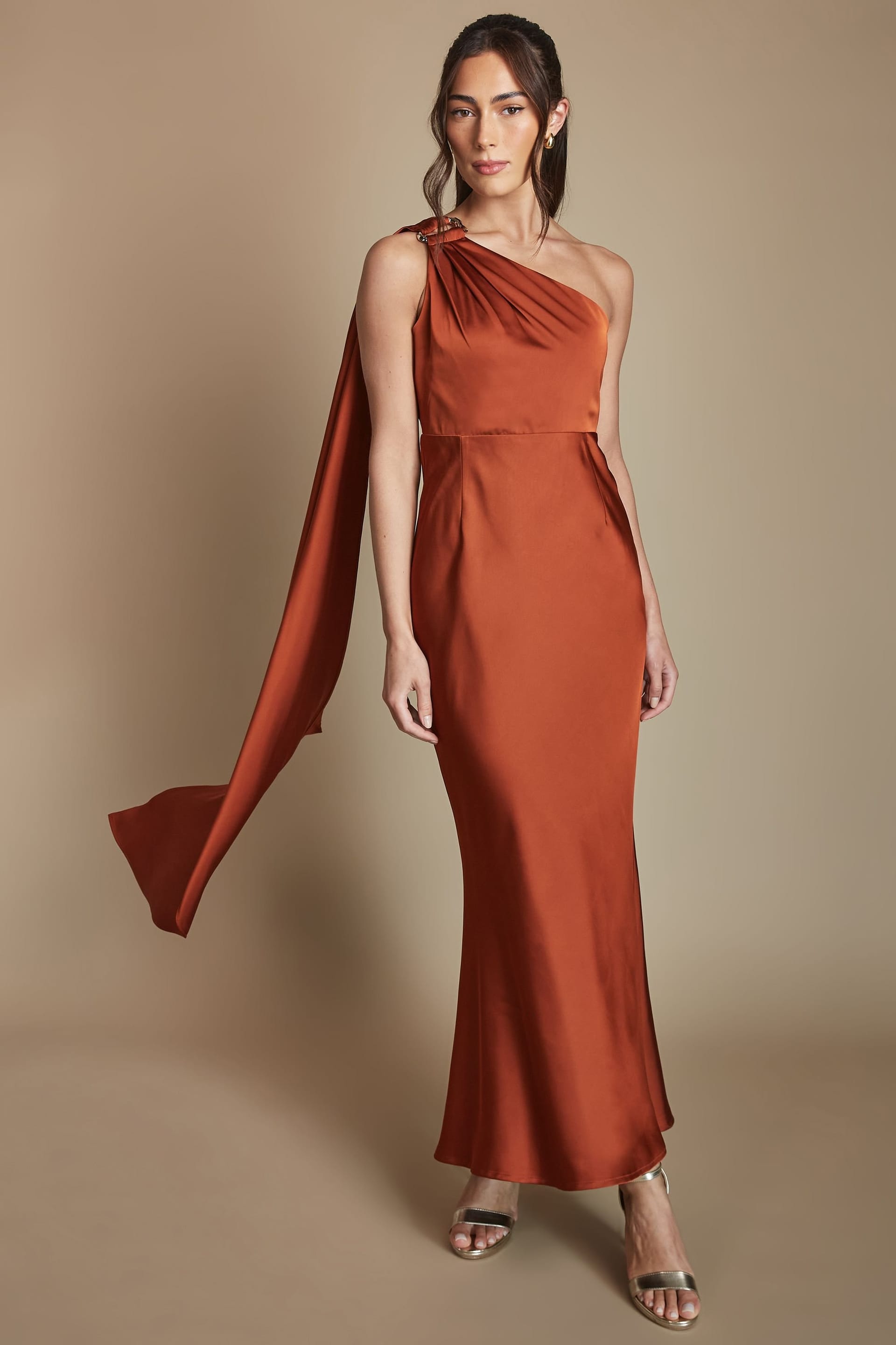 Coast Coast Women's Petite One Shoulder Satin Maxi Bridesmaid Dress With Gold Trim in Copper - 4