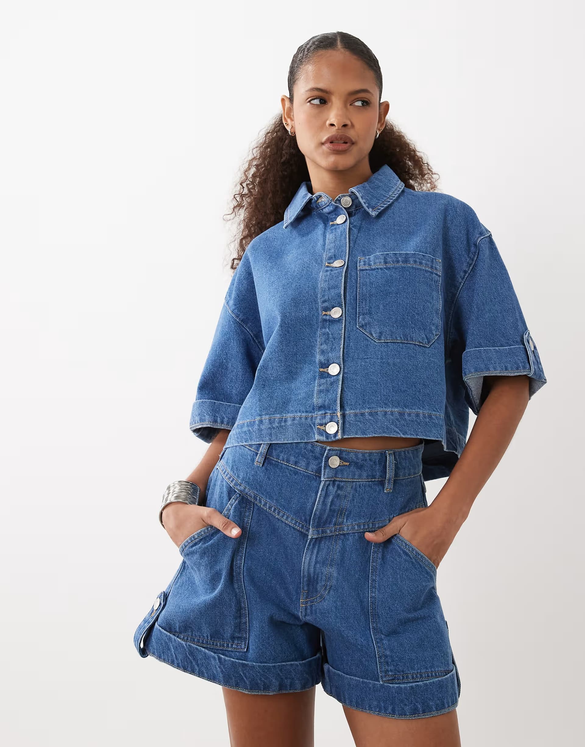 ASOS ASOS DESIGN denim seam front short co-ord in mid blue