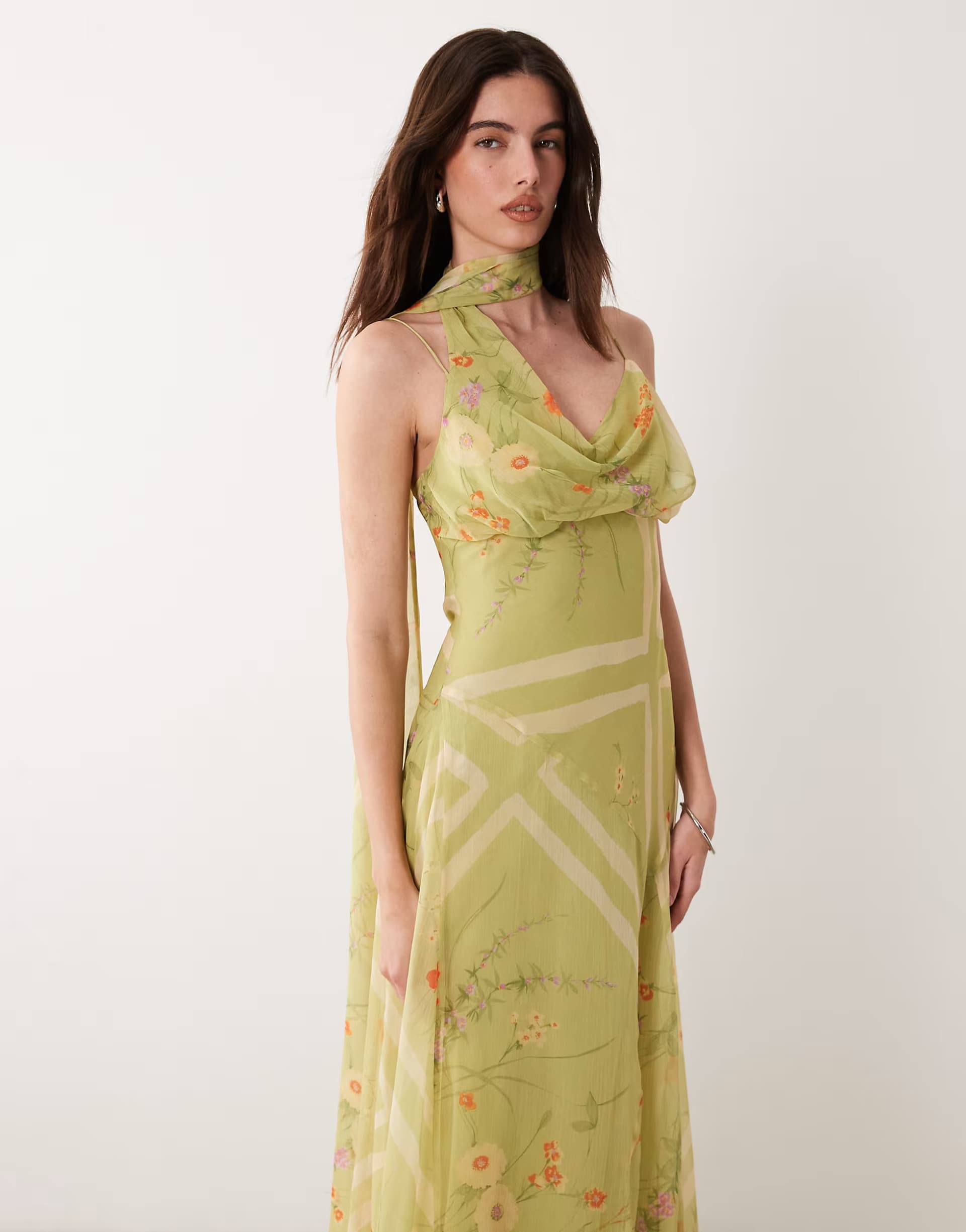 ASOS ASOS DESIGN slip maxi dress with scarf detail in green floral print