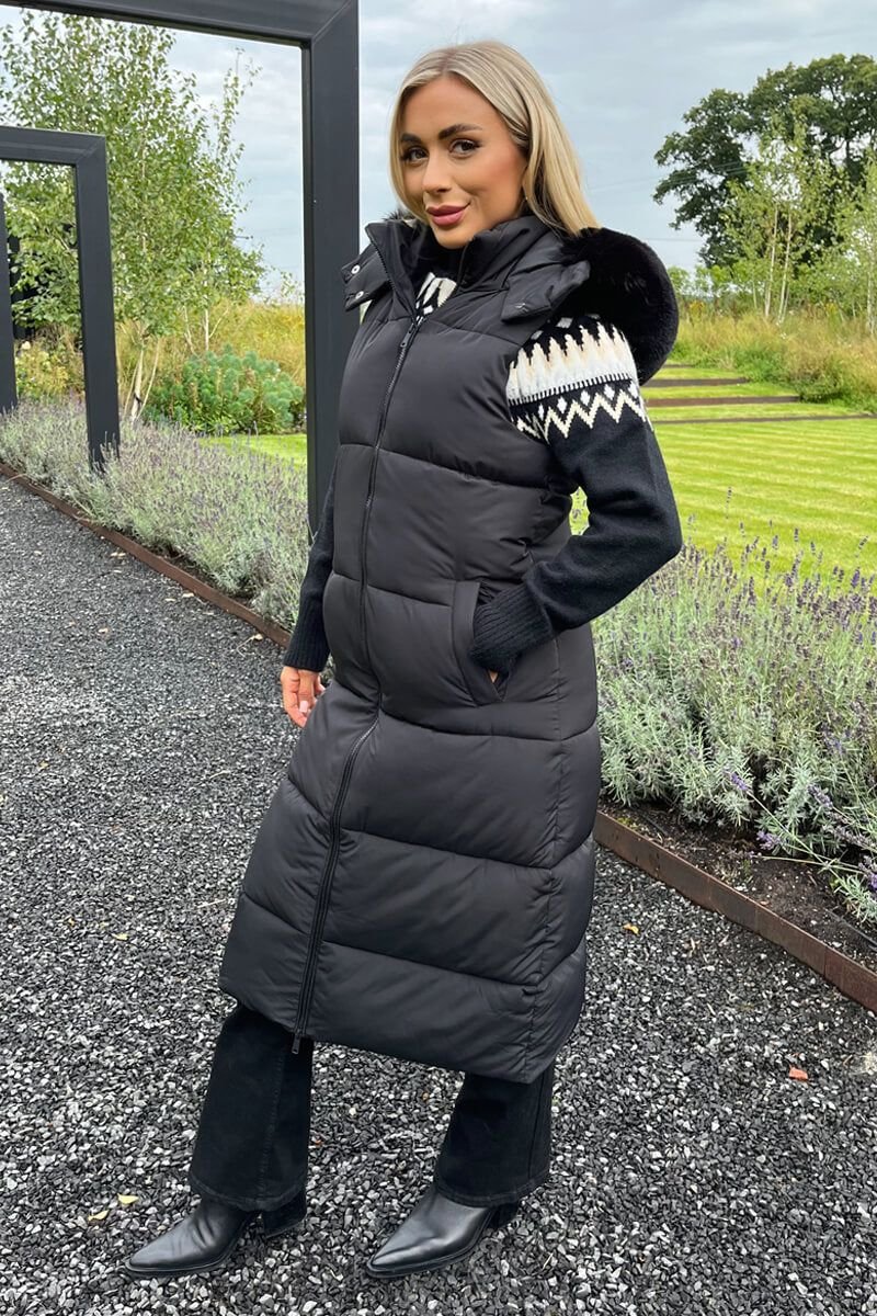 AX Paris AX Paris Women's Black Faux Fur Hooded Longline Padded Gilet - 4