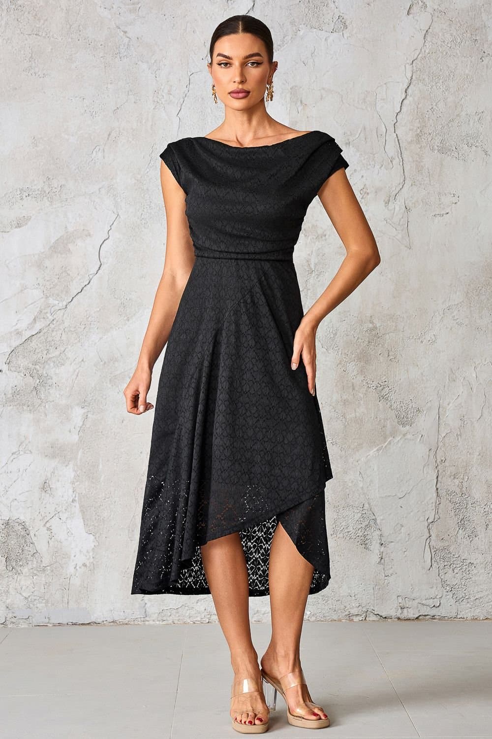 Jolie Moi Jolie Moi Women's Textured Asymmetrical Draped Midaxi Dres in Black
