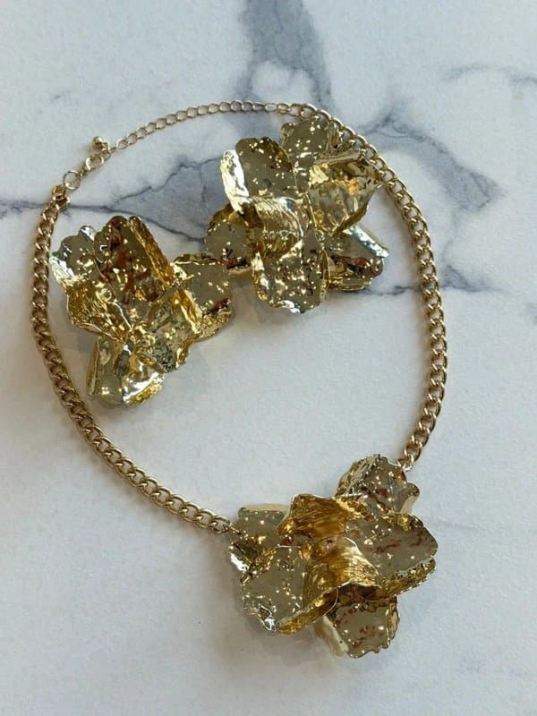 ASOS ASOS Gold Hammered Floral Statement Necklace & Earrings Set