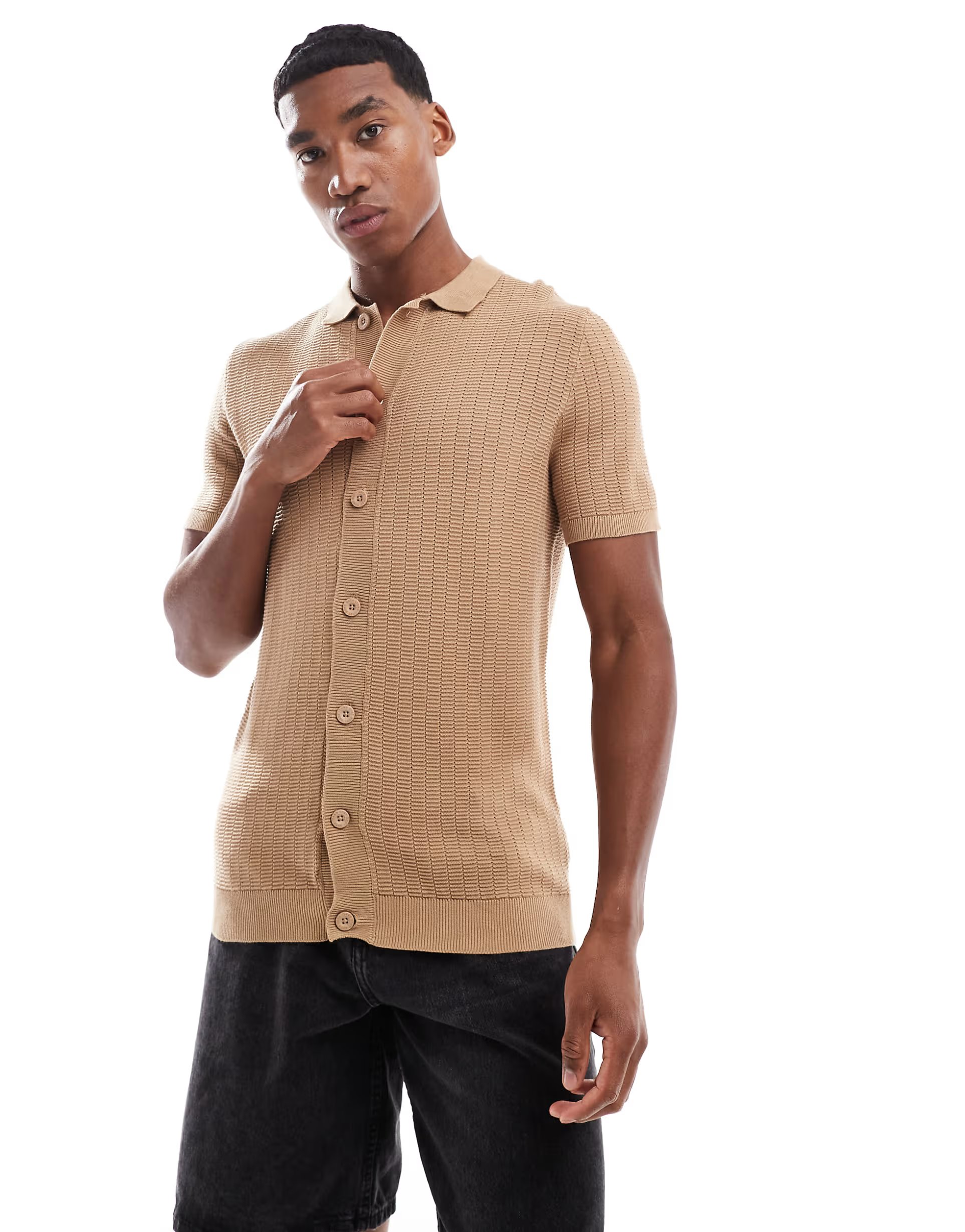 ASOS Brave Soul Knitted short sleeve shirt in tan - 1