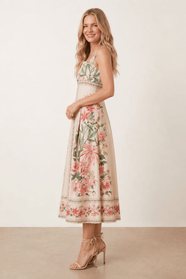 Style Cheat Style Cheat Women's Placement Print Tropical Midi Dress in Cream - 2