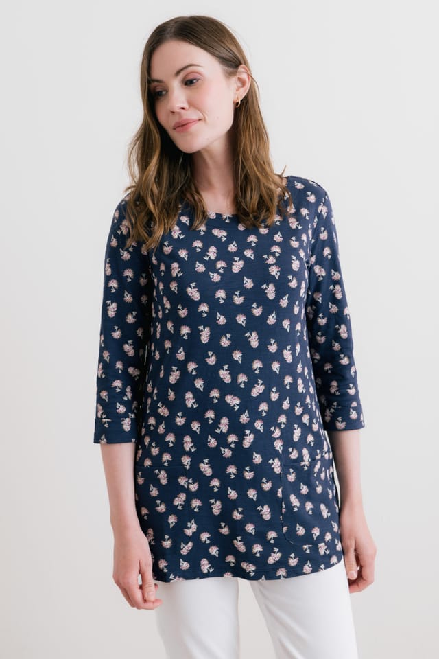 Lily & Me Lily & Me Women's Coastal 3/4 Sleeve Jersey Print Tunic in Navy - 2
