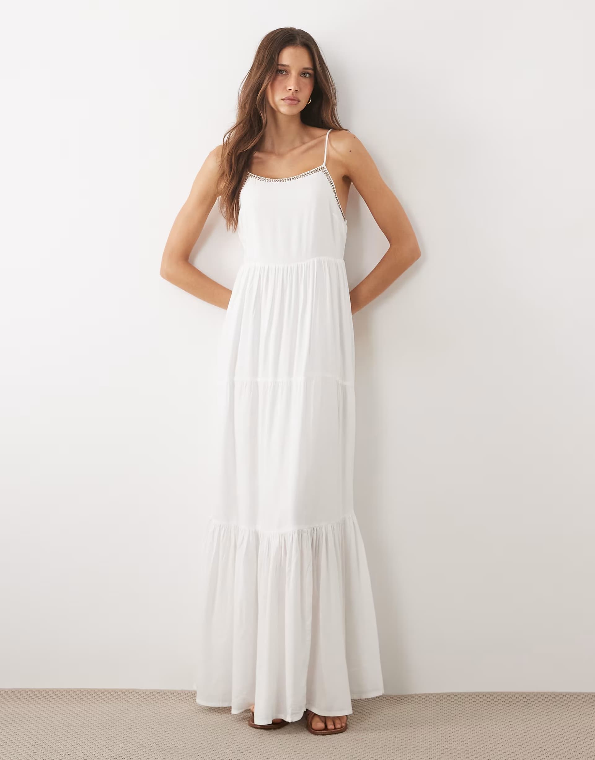 ASOS Mango Teen tiered strappy maxi dress with embellished trim in white