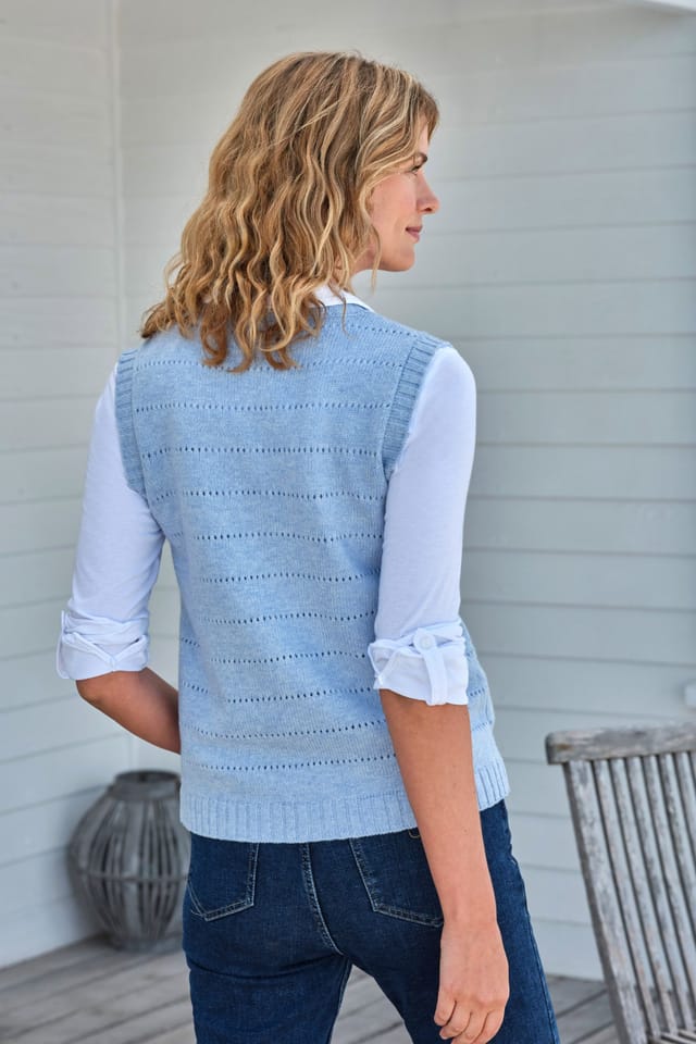WoolOvers WoolOvers Women's V Neck Pointelle Waistcoat in Blue - 2