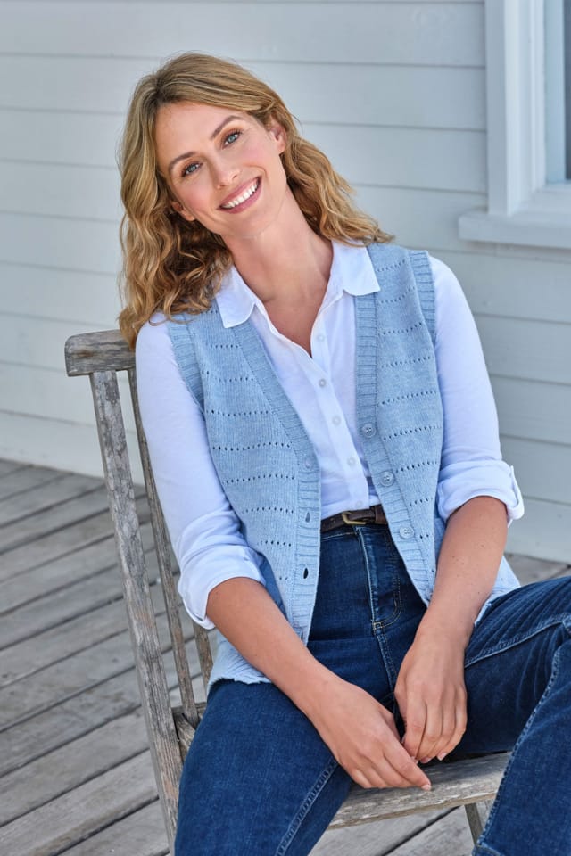 WoolOvers WoolOvers Women's V Neck Pointelle Waistcoat in Blue - 3