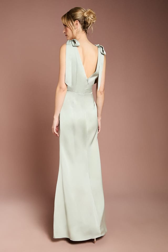 Coast Coast Women's Honoured Satin Back Crepe V Neck Tie Shoulder Maxi Bridesmaid Dress in Sage - 3