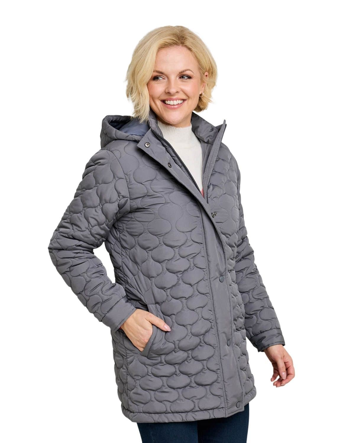 Amber Amber Women's Quilted Water-Resistant Jacket with Detachable Hood Adjustable Cuffs in Grey