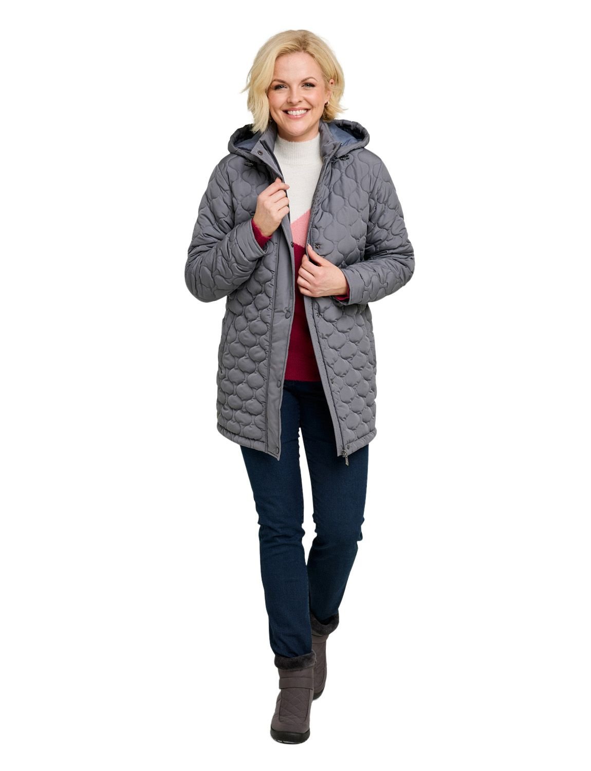 Amber Amber Women's Quilted Water-Resistant Jacket with Detachable Hood Adjustable Cuffs in Grey - 2