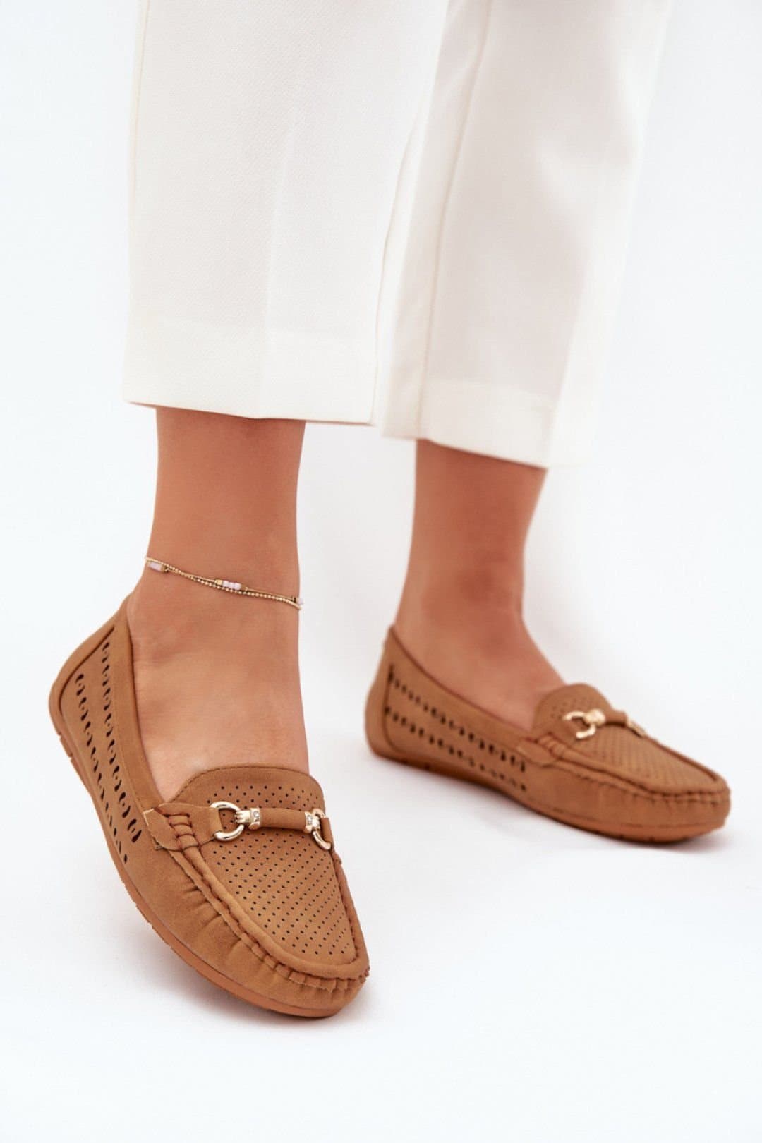 Love Lace Love Lace Women's Openwork Moccasin with Gold Front Ornament Soft Insole Comfort in Brown