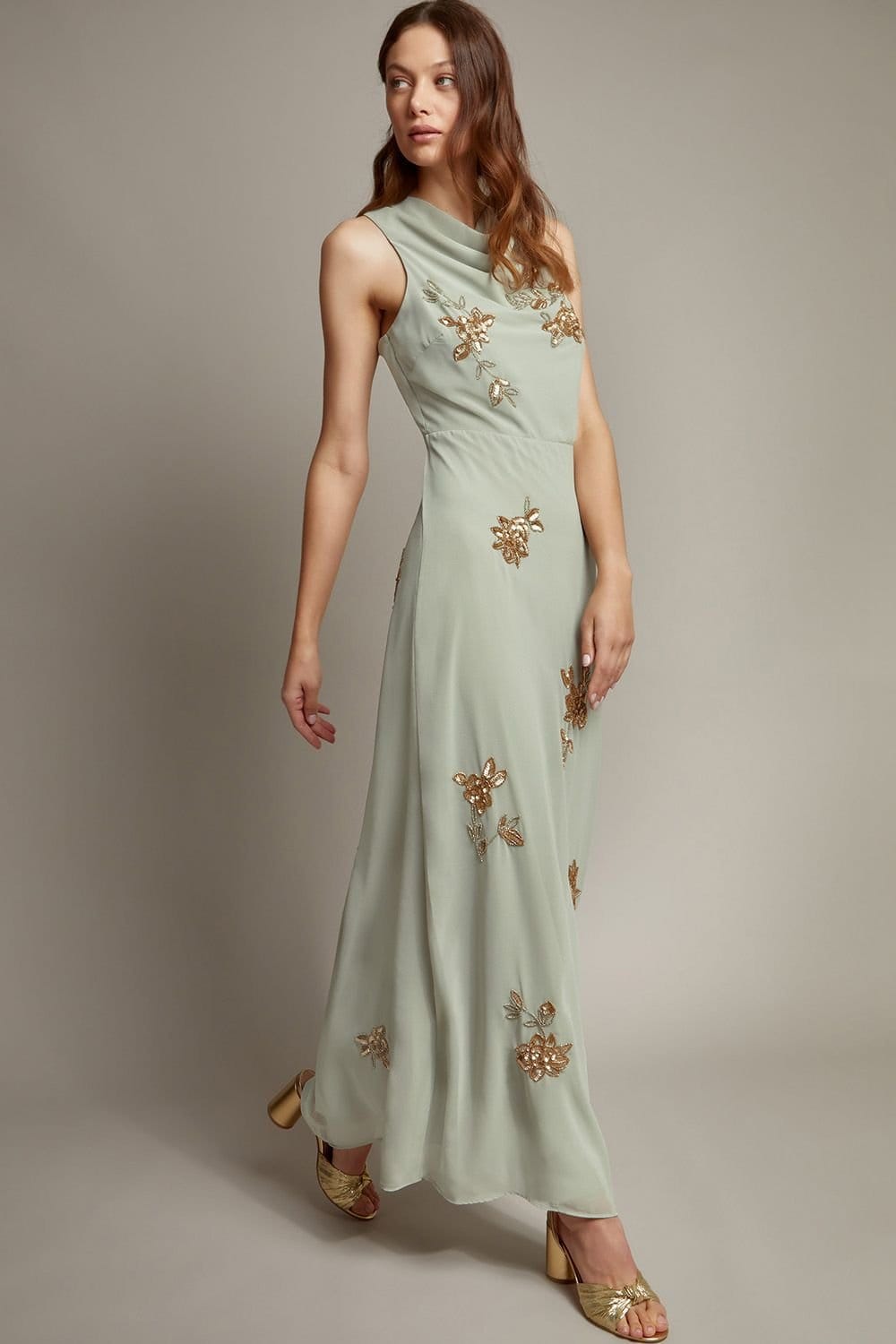 Monsoon Green Embellished Cowl Neck Maxi Dress