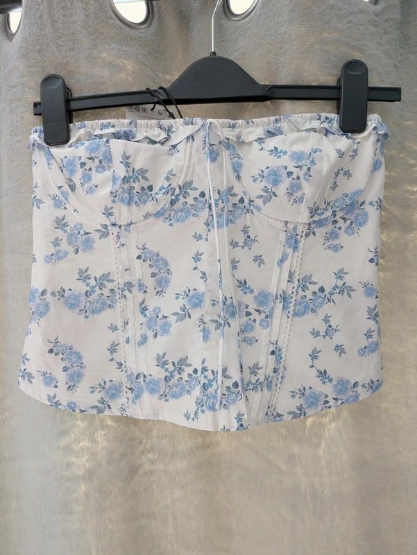 Bershka Floral Corset in White and Blue