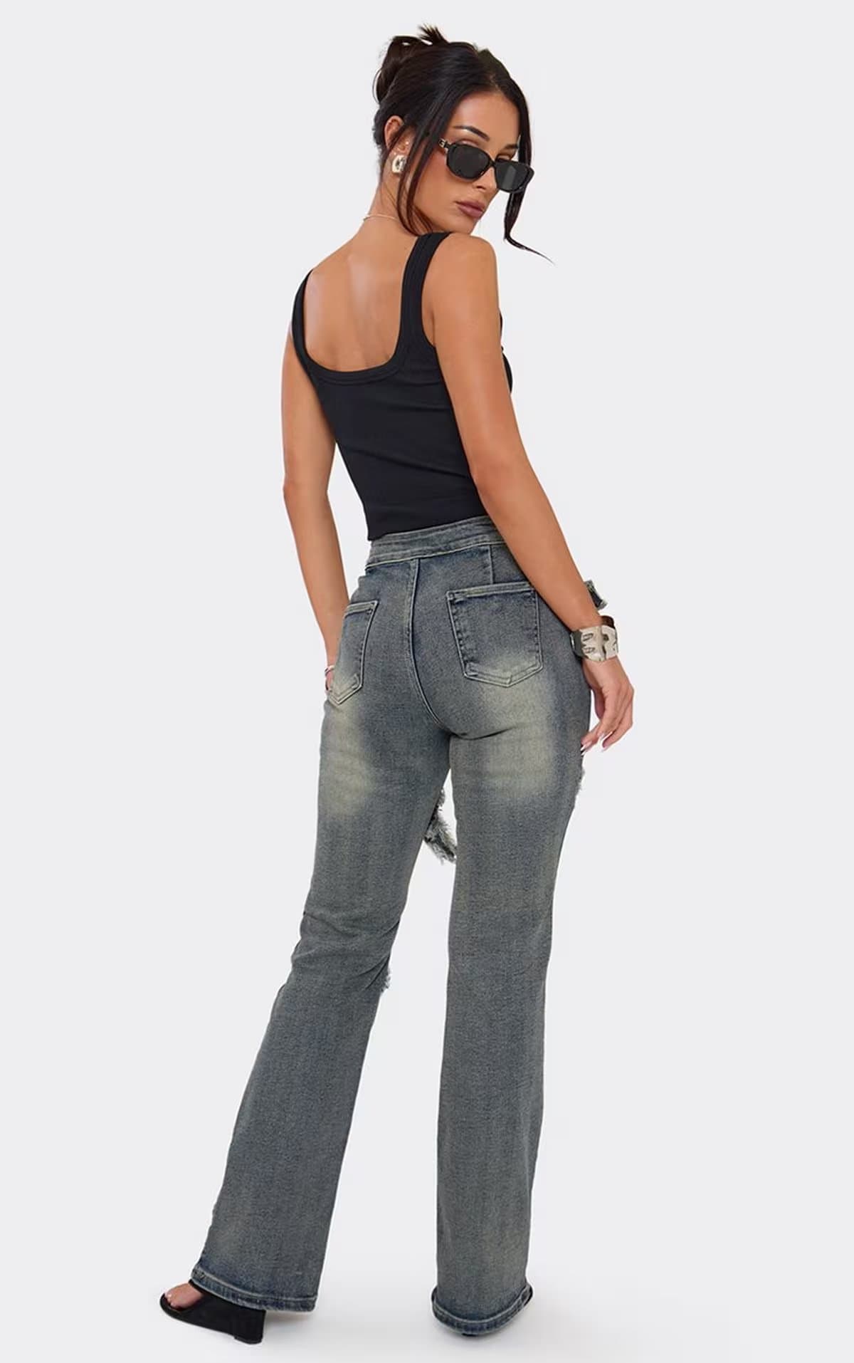 EGO EGO Blue Denim Flared Jeans With Buckle Belt Detail