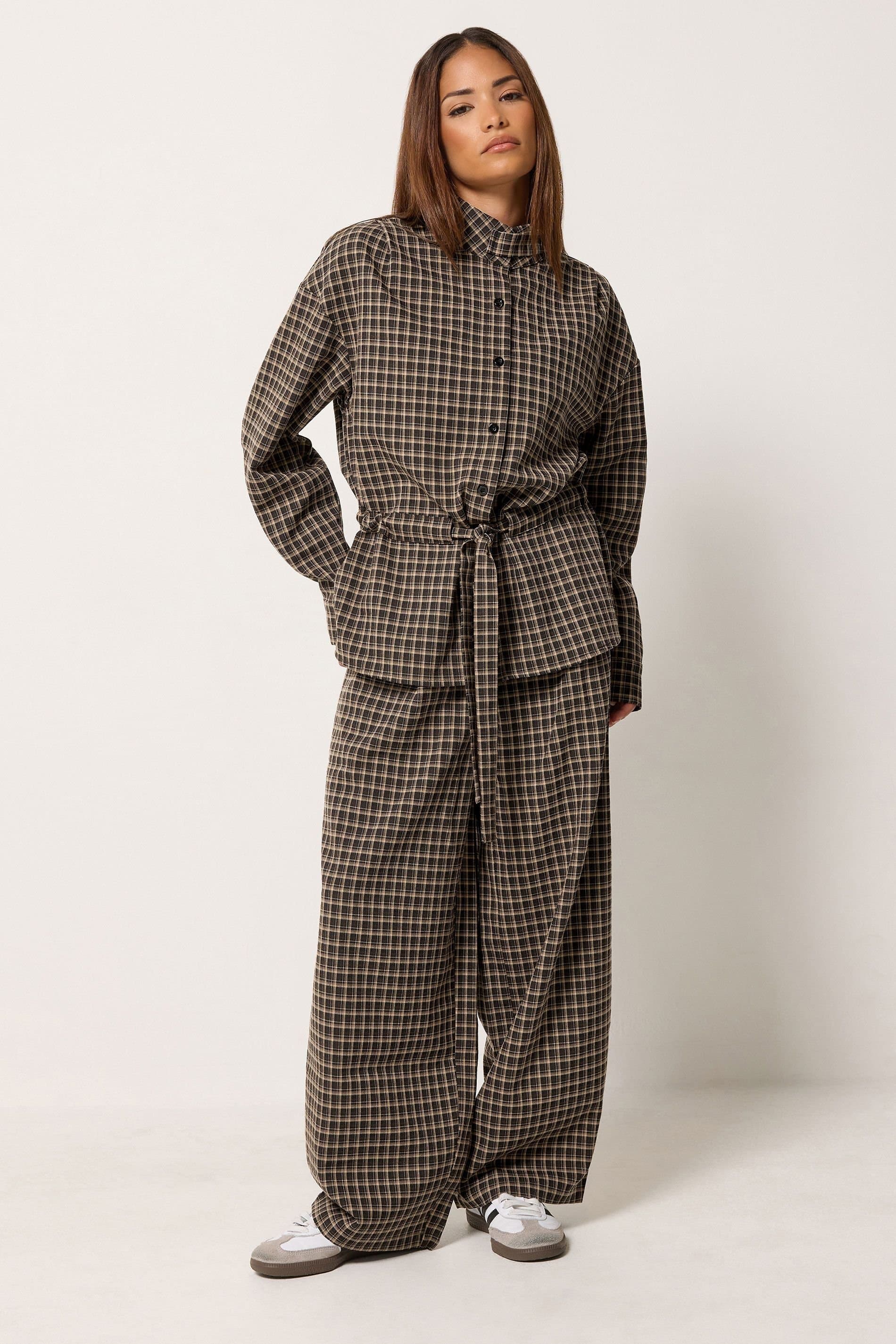 PixieGirl PixieGirl Women's Petite Check Funnel Neck Jacket & Barrel Trousers in Brown