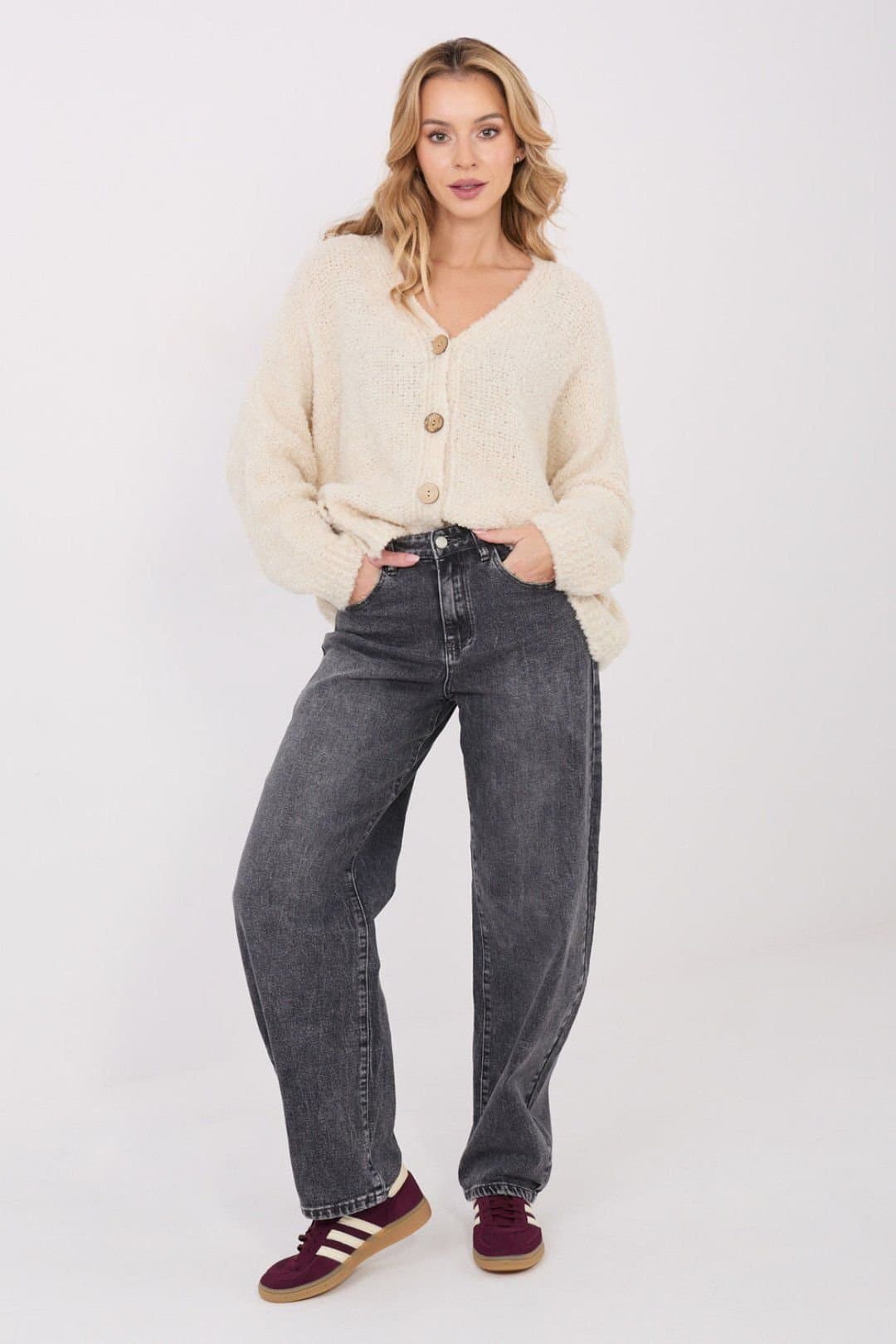 Love Lace Love Lace Women's Soft V Neck Button Cardigan Sweater in Beige