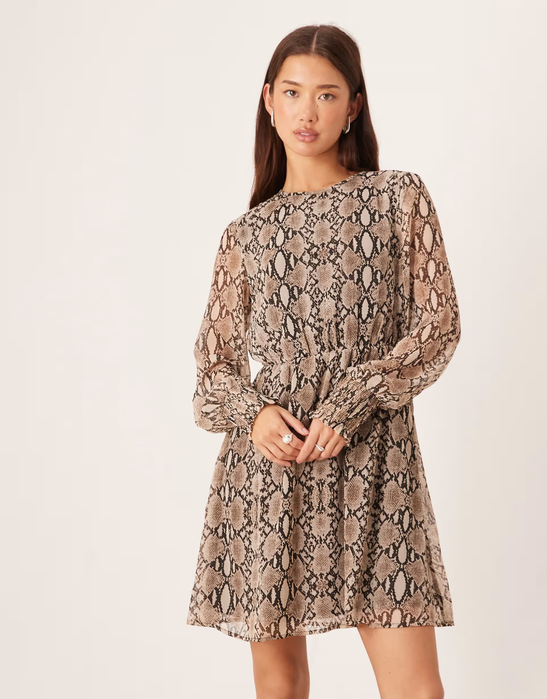 ASOS Vila long sleeve mini dress in neutral snake print
