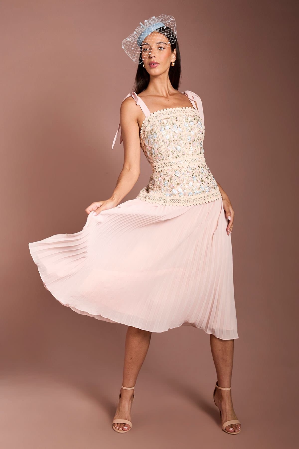 Coast Coast Women's Lisa Tan Embroidered Mesh Pleated Skirt Midi Dress in Blush
