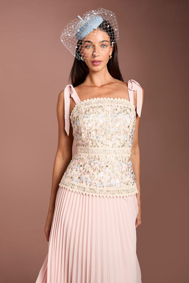 Coast Coast Women's Lisa Tan Embroidered Mesh Pleated Skirt Midi Dress in Blush - 2
