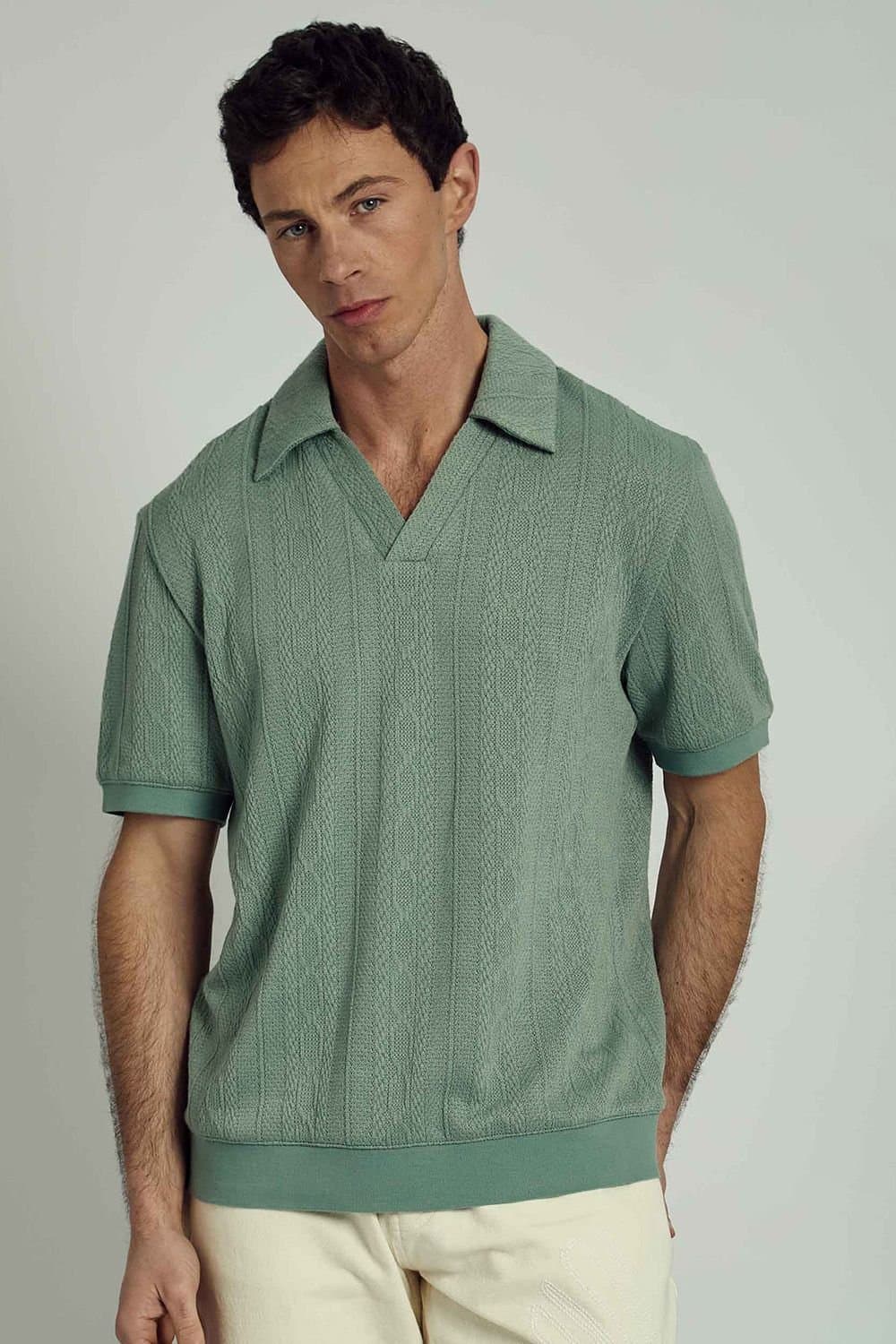 Native Youth Native Youth Men's Cable Knit Open V-Neck Short Sleeve Polo Shirt in Green