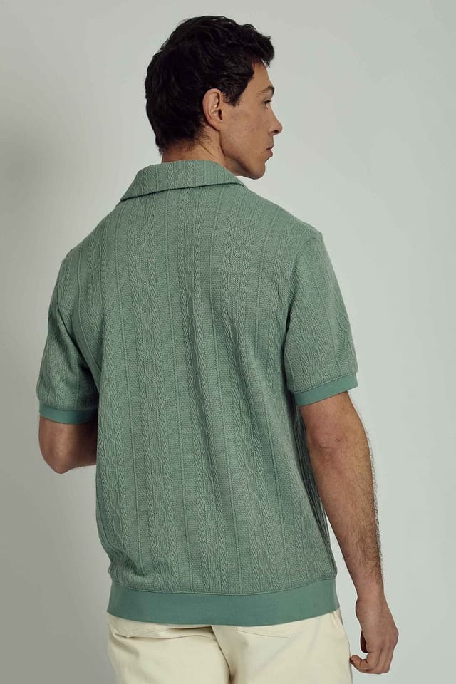 Native Youth Native Youth Men's Cable Knit Open V-Neck Short Sleeve Polo Shirt in Green - 2