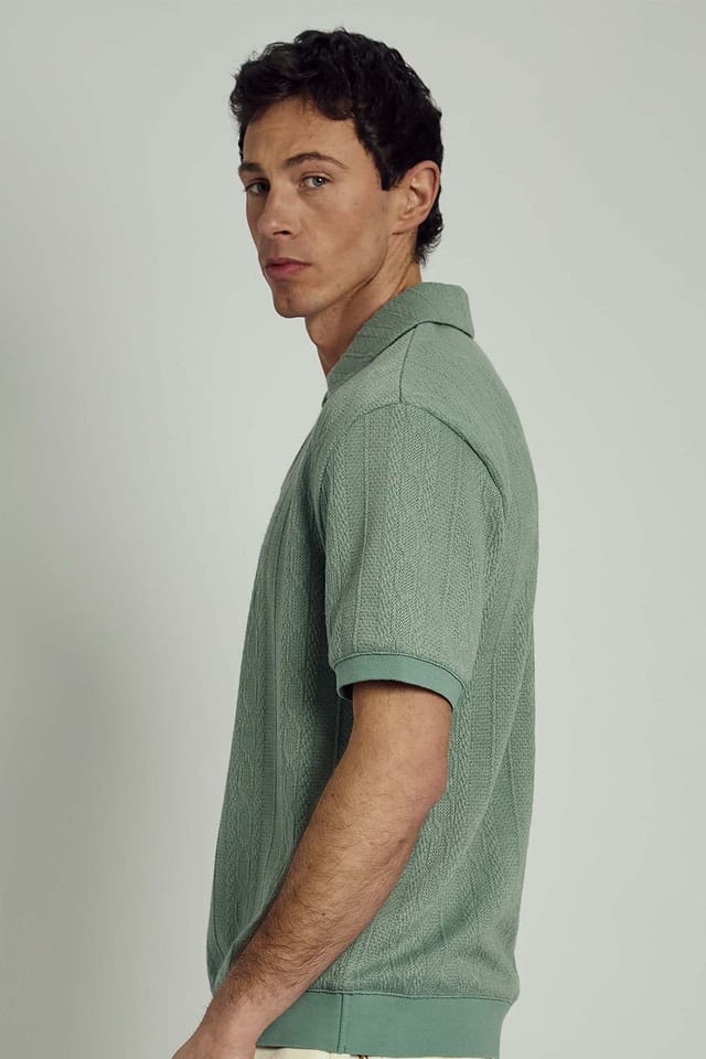 Native Youth Native Youth Men's Cable Knit Open V-Neck Short Sleeve Polo Shirt in Green - 3