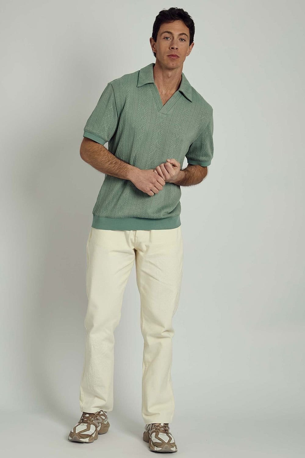 Native Youth Native Youth Men's Cable Knit Open V-Neck Short Sleeve Polo Shirt in Green - 4