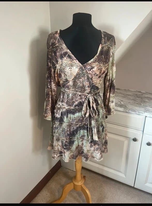 Per Una Marks & Spencer Per Una Vintage y2k Brown Green Beige Tie Die Wrap Tie Summer Dress Size 14/16