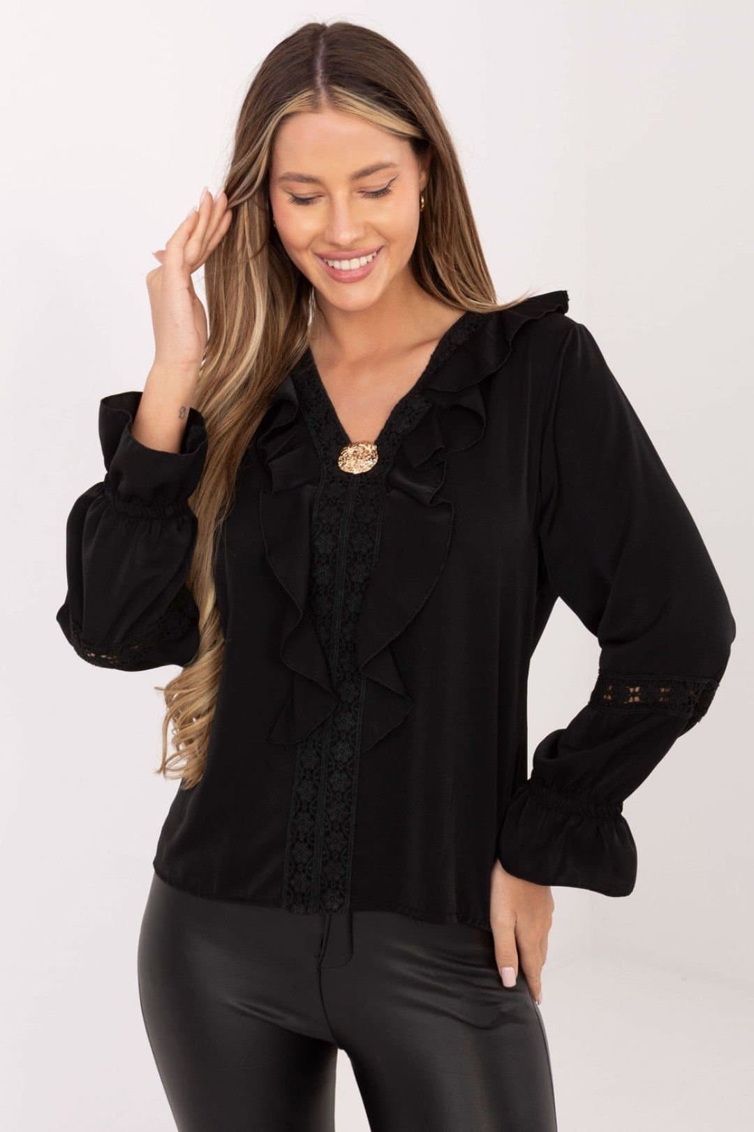 Love Lace Love Lace Women's Elegant V Neck Lace Jabot Blouse with Brooch in Black