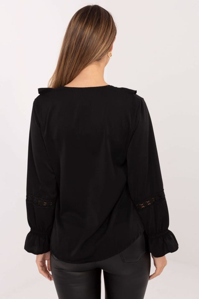 Love Lace Love Lace Women's Elegant V Neck Lace Jabot Blouse with Brooch in Black - 3